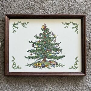 Spode Christmas Tree Pimpernel Wood Serving Tray Cork Back England Brass Handles